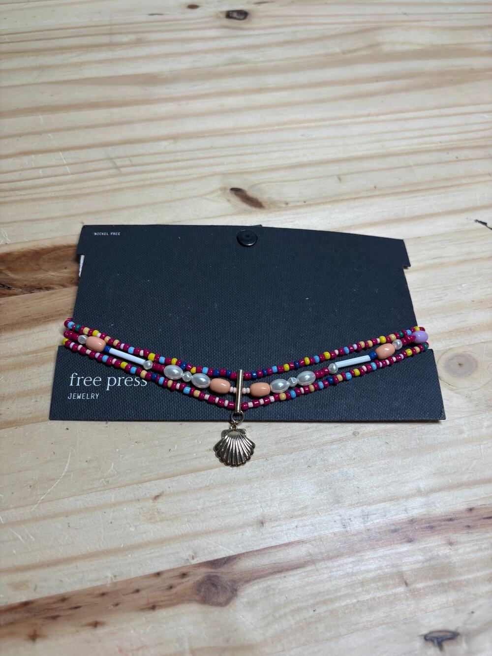 Free Press Boho 3 Strand Beaded Necklace Pink Multi Gold Sea Shell Pendant